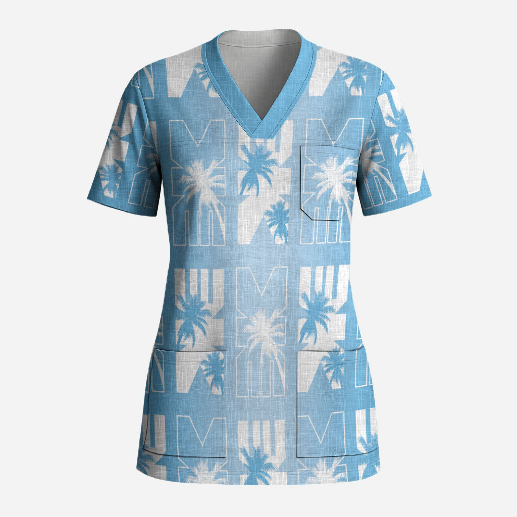 Bula Fiji Scrub Top Blue Makare Masi Tapa Pattern