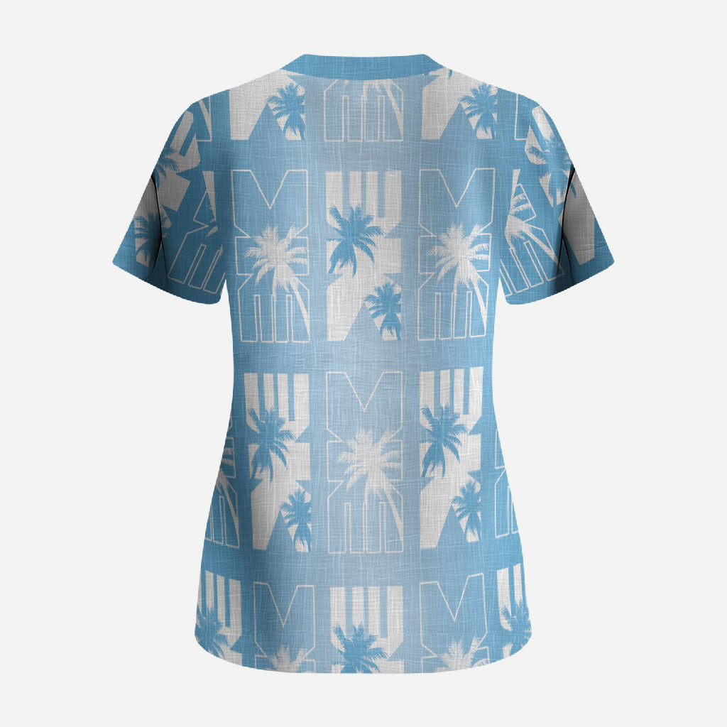 Bula Fiji Scrub Top Blue Makare Masi Tapa Pattern