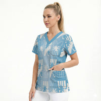 Bula Fiji Scrub Top Blue Makare Masi Tapa Pattern