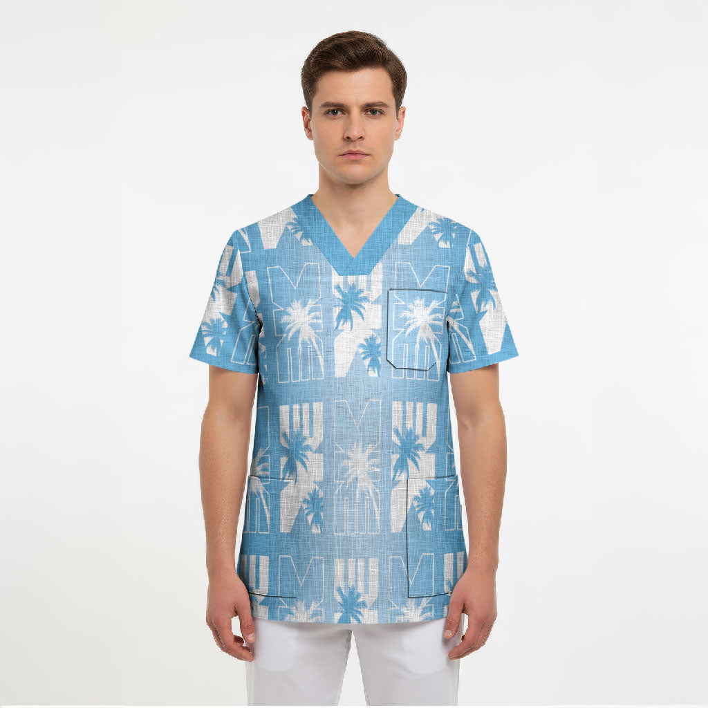 Bula Fiji Scrub Top Blue Makare Masi Tapa Pattern