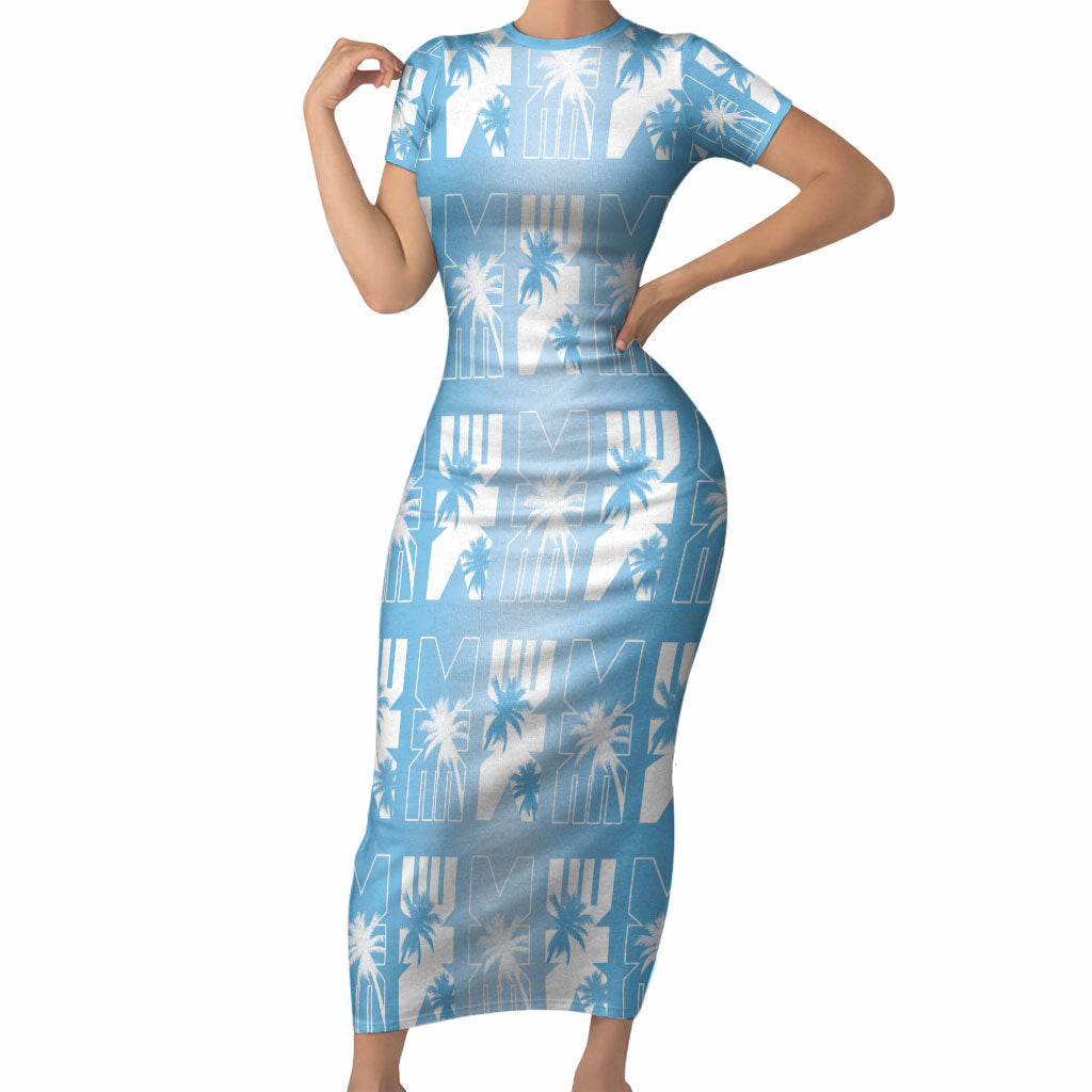 Bula Fiji Short Sleeve Bodycon Dress Blue Makare Masi Tapa Pattern