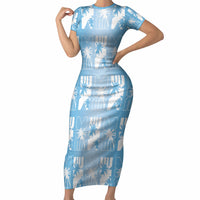 Bula Fiji Short Sleeve Bodycon Dress Blue Makare Masi Tapa Pattern