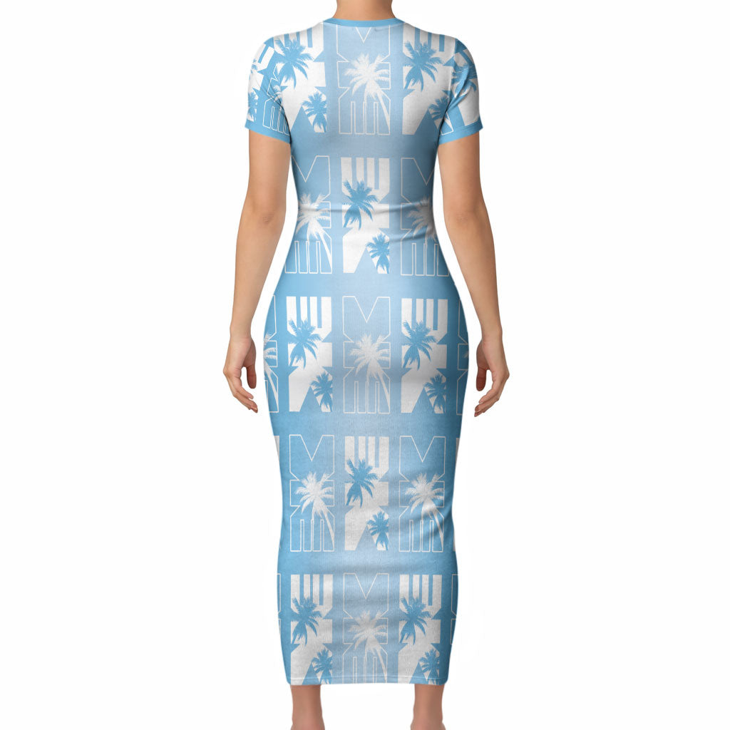 Bula Fiji Short Sleeve Bodycon Dress Blue Makare Masi Tapa Pattern