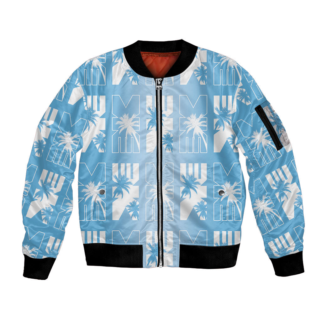 Bula Fiji Sleeve Zip Bomber Jacket Blue Makare Masi Tapa Pattern
