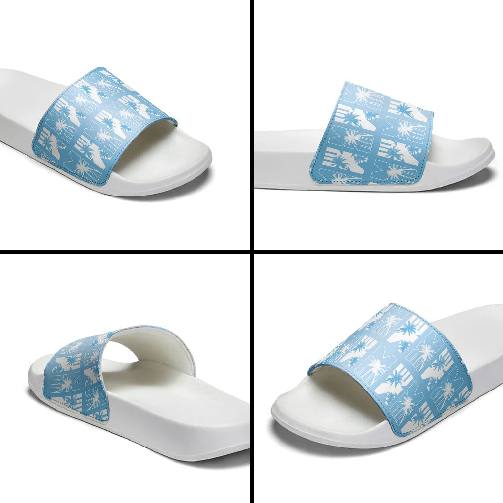 Bula Fiji Slide Sandals Blue Makare Masi Tapa Pattern