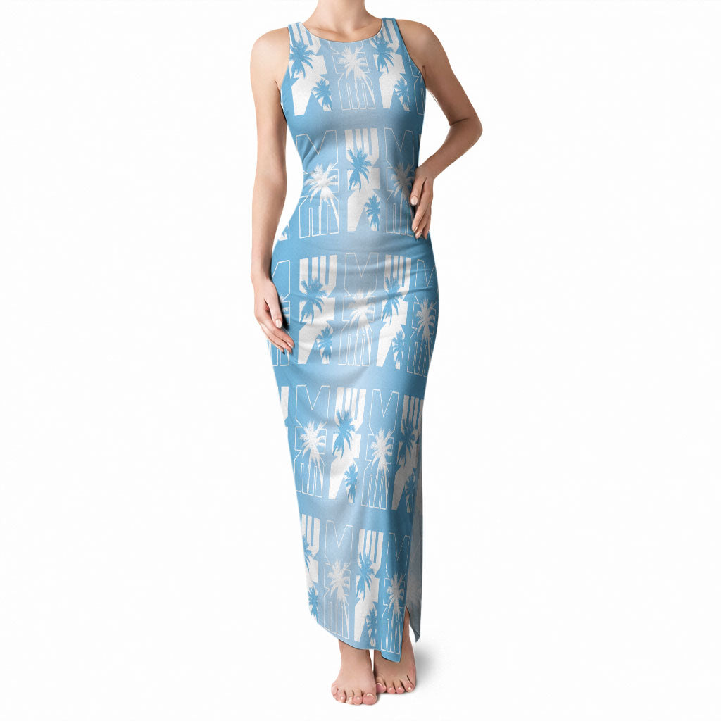 Bula Fiji Tank Maxi Dress Blue Makare Masi Tapa Pattern