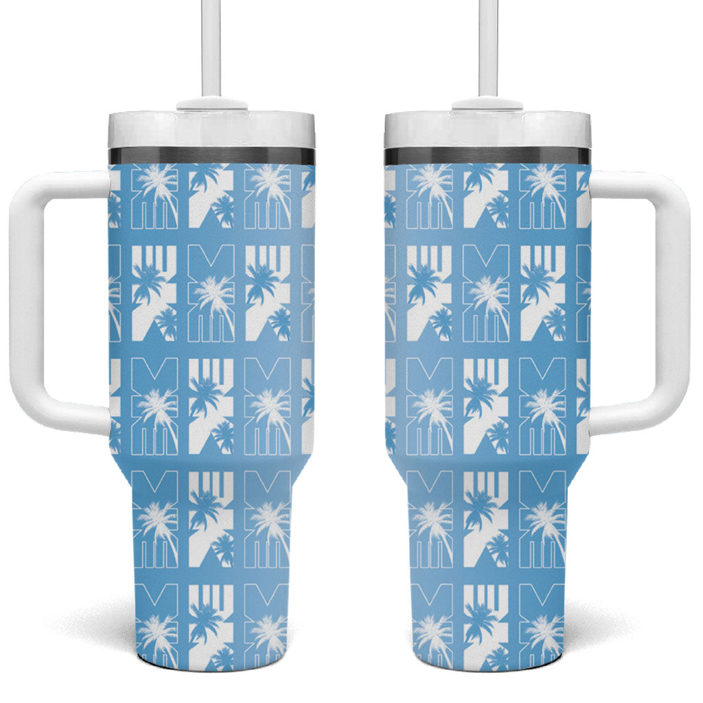 Bula Fiji Tumbler With Handle Blue Makare Masi Tapa Pattern
