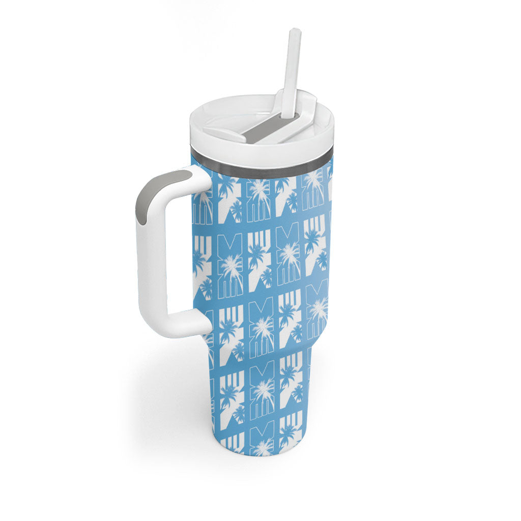 Bula Fiji Tumbler With Handle Blue Makare Masi Tapa Pattern