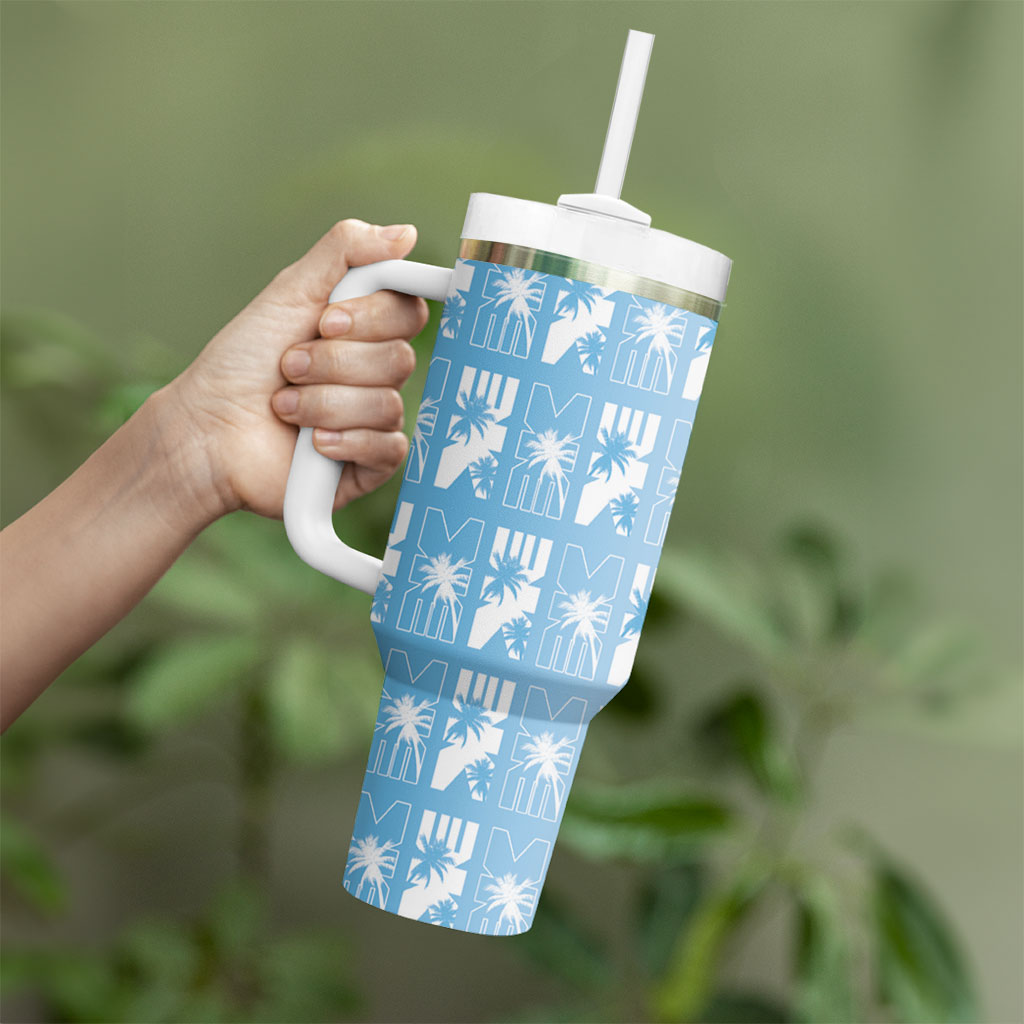 Bula Fiji Tumbler With Handle Blue Makare Masi Tapa Pattern