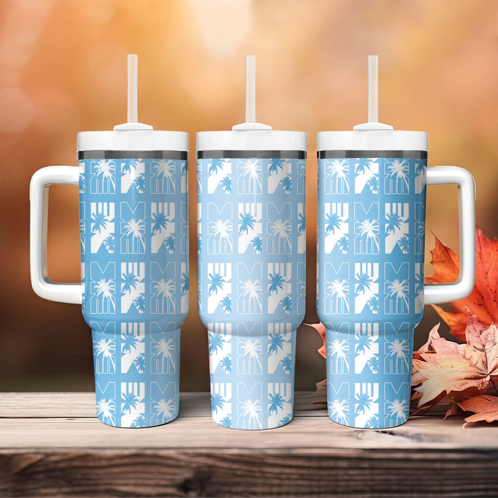 Bula Fiji Tumbler With Handle Blue Makare Masi Tapa Pattern