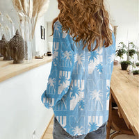 Bula Fiji Women Casual Shirt Blue Makare Masi Tapa Pattern