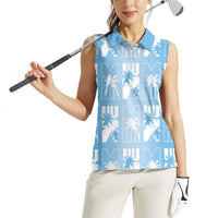 Bula Fiji Women Sleeveless Polo Shirt Blue Makare Masi Tapa Pattern