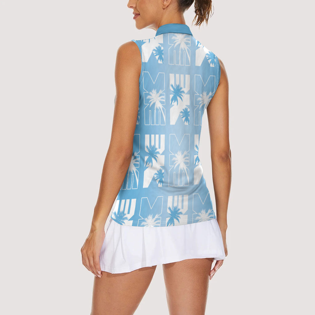 Bula Fiji Women Sleeveless Polo Shirt Blue Makare Masi Tapa Pattern