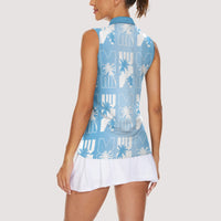 Bula Fiji Women Sleeveless Polo Shirt Blue Makare Masi Tapa Pattern