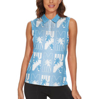 Bula Fiji Women Sleeveless Polo Shirt Blue Makare Masi Tapa Pattern