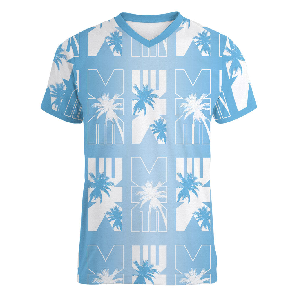 Bula Fiji Women V-Neck T-Shirt Blue Makare Masi Tapa Pattern