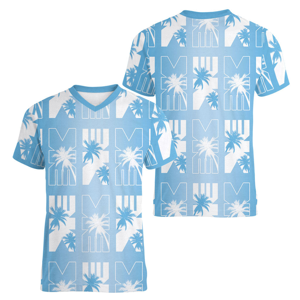 Bula Fiji Women V-Neck T-Shirt Blue Makare Masi Tapa Pattern