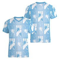 Bula Fiji Women V-Neck T-Shirt Blue Makare Masi Tapa Pattern