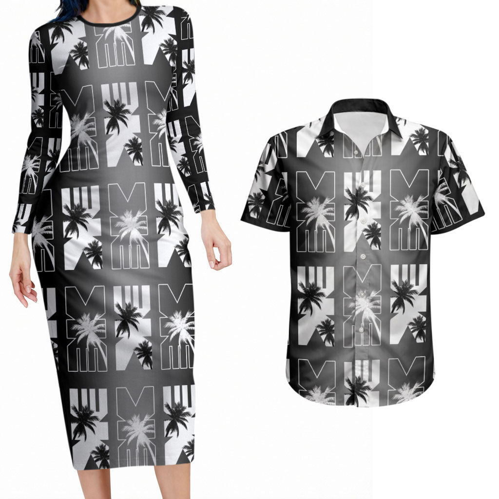 Bula Fiji Couples Matching Long Sleeve Bodycon Dress and Hawaiian Shirt Black Makare Masi Tapa Pattern