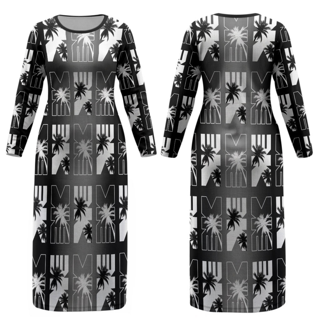 Bula Fiji Couples Matching Long Sleeve Bodycon Dress and Hawaiian Shirt Black Makare Masi Tapa Pattern