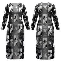 Bula Fiji Couples Matching Long Sleeve Bodycon Dress and Hawaiian Shirt Black Makare Masi Tapa Pattern