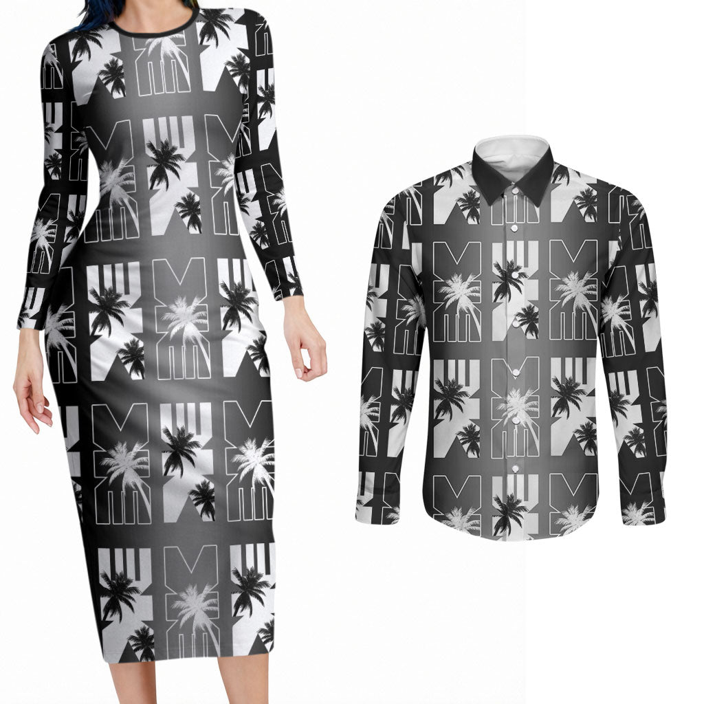 Bula Fiji Couples Matching Long Sleeve Bodycon Dress and Long Sleeve Button Shirt Black Makare Masi Tapa Pattern