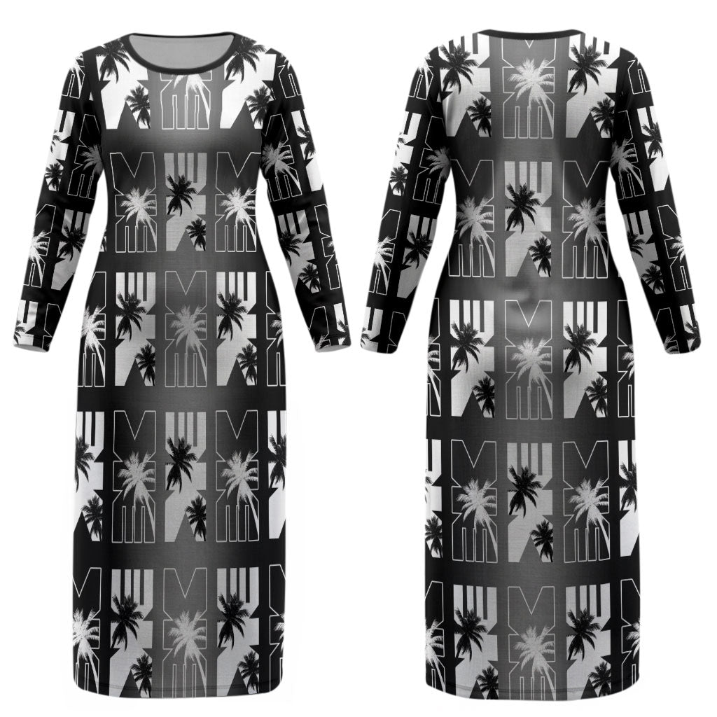 Bula Fiji Couples Matching Long Sleeve Bodycon Dress and Long Sleeve Button Shirt Black Makare Masi Tapa Pattern