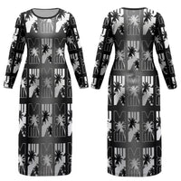 Bula Fiji Couples Matching Long Sleeve Bodycon Dress and Long Sleeve Button Shirt Black Makare Masi Tapa Pattern