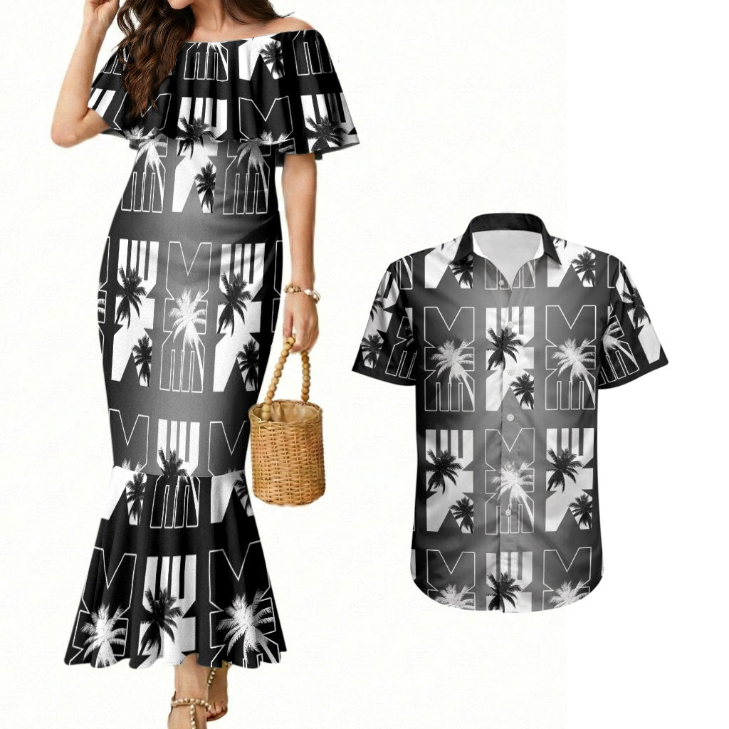 Bula Fiji Couples Matching Mermaid Dress and Hawaiian Shirt Black Makare Masi Tapa Pattern