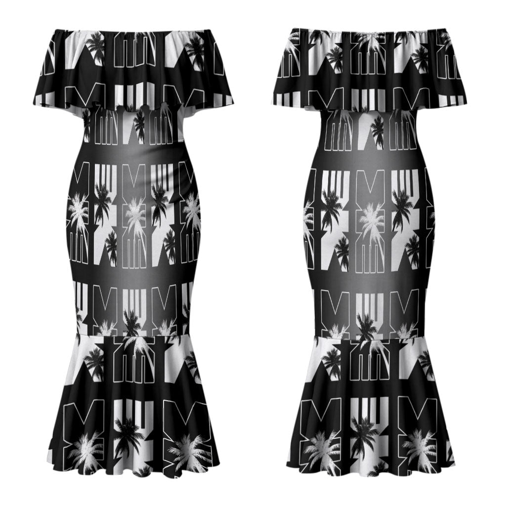 Bula Fiji Couples Matching Mermaid Dress and Hawaiian Shirt Black Makare Masi Tapa Pattern