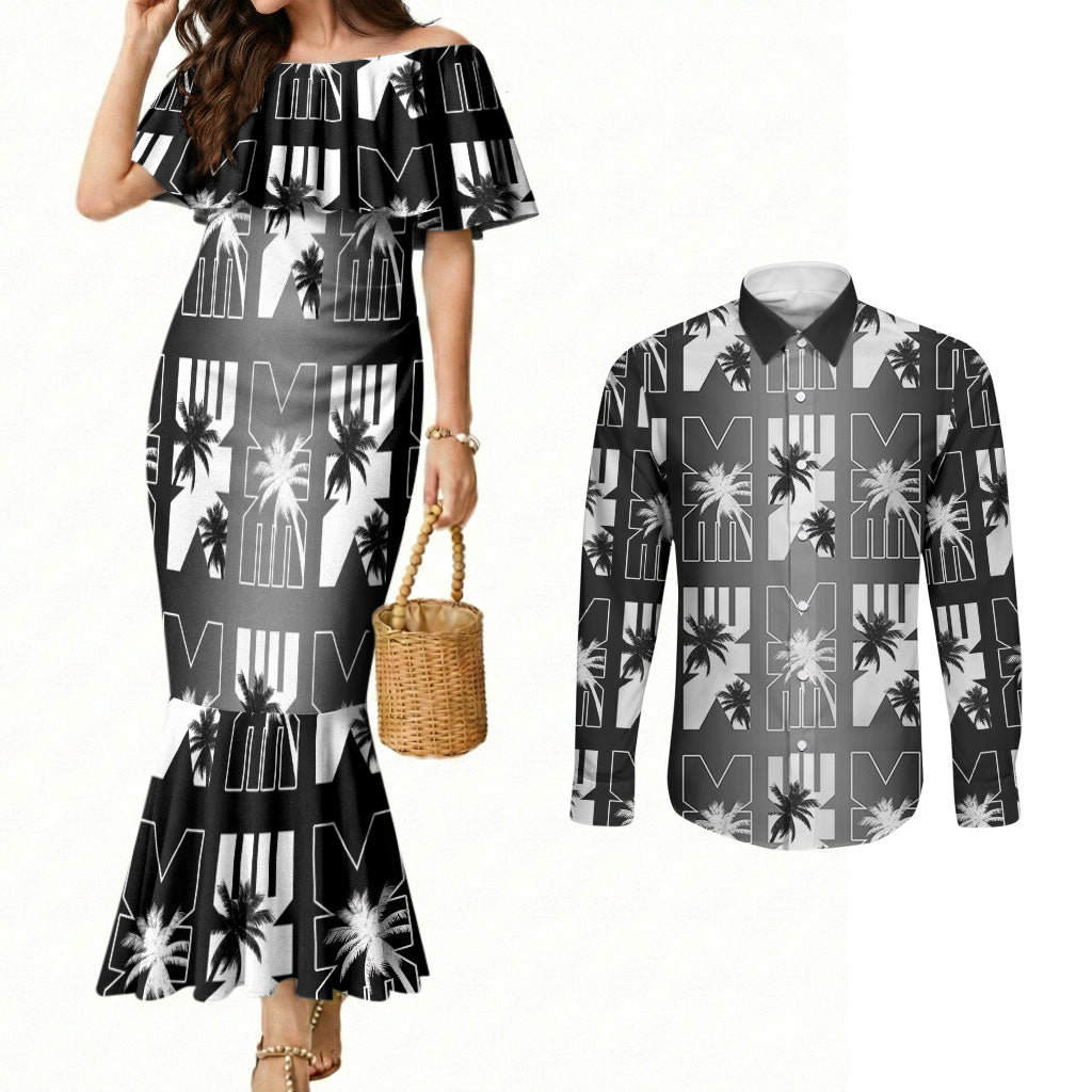Bula Fiji Couples Matching Mermaid Dress and Long Sleeve Button Shirt Black Makare Masi Tapa Pattern