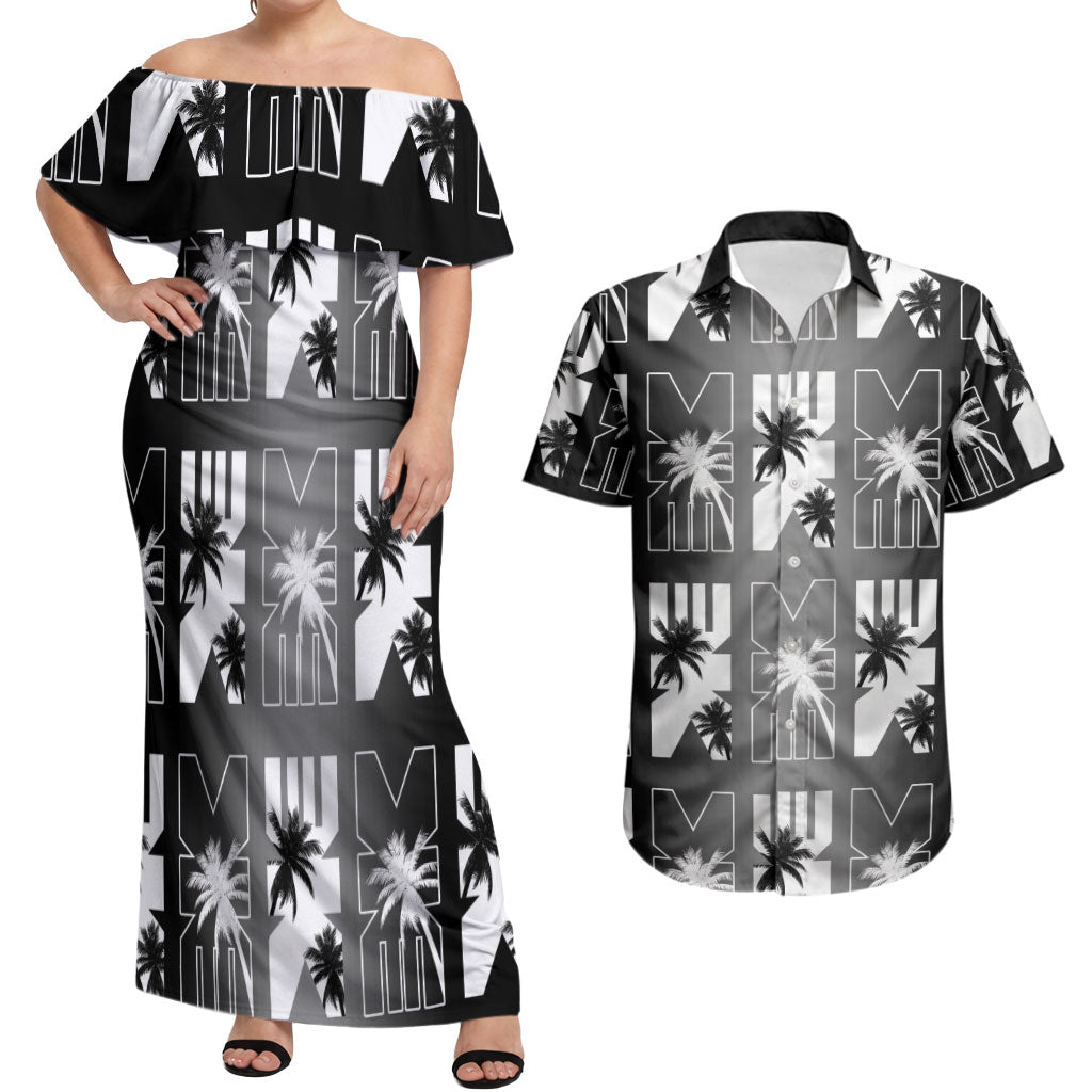 Bula Fiji Couples Matching Off Shoulder Maxi Dress and Hawaiian Shirt Black Makare Masi Tapa Pattern