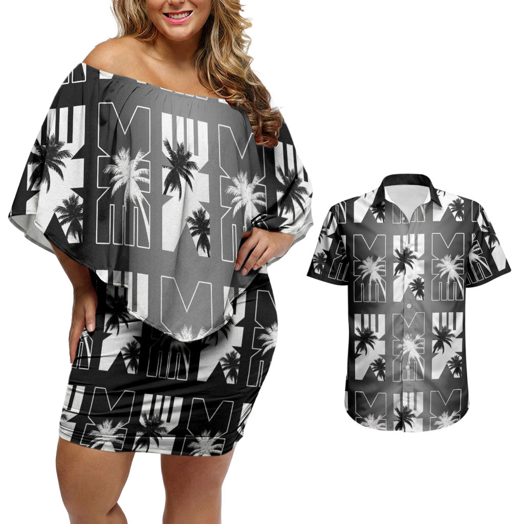 Bula Fiji Couples Matching Off Shoulder Short Dress and Hawaiian Shirt Black Makare Masi Tapa Pattern