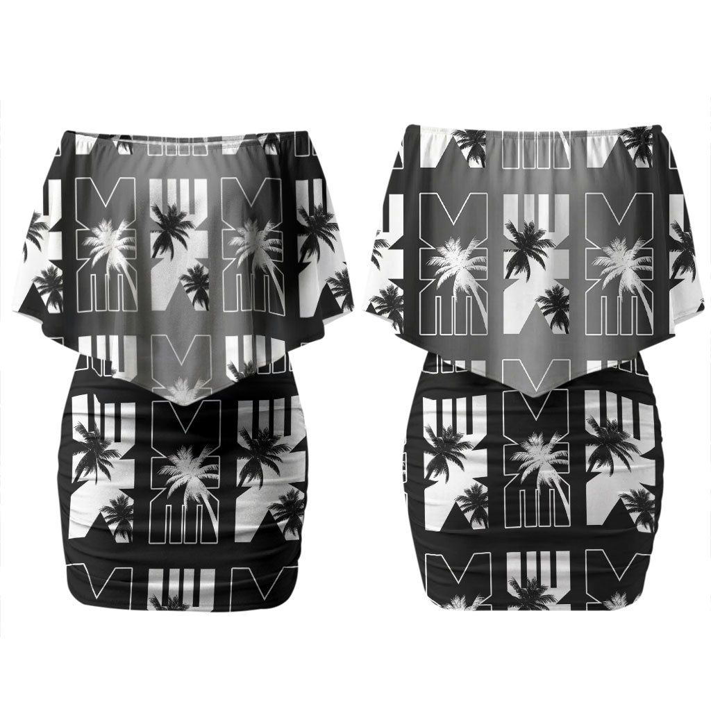 Bula Fiji Couples Matching Off Shoulder Short Dress and Hawaiian Shirt Black Makare Masi Tapa Pattern