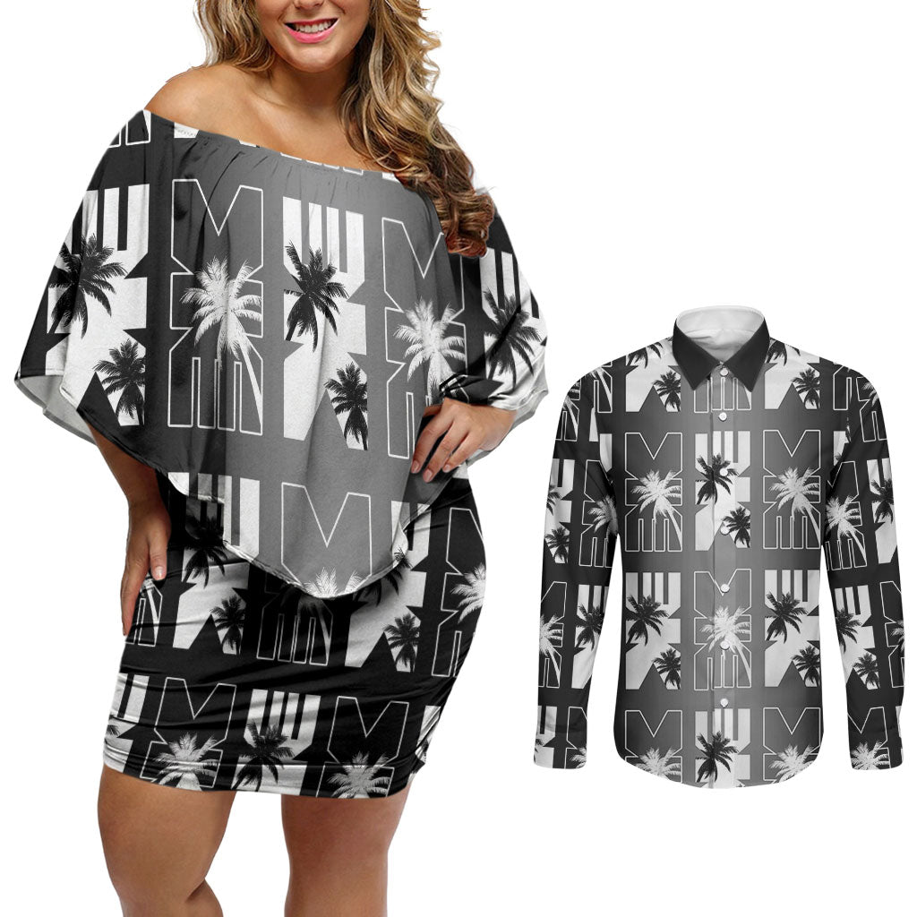 Bula Fiji Couples Matching Off Shoulder Short Dress and Long Sleeve Button Shirt Black Makare Masi Tapa Pattern