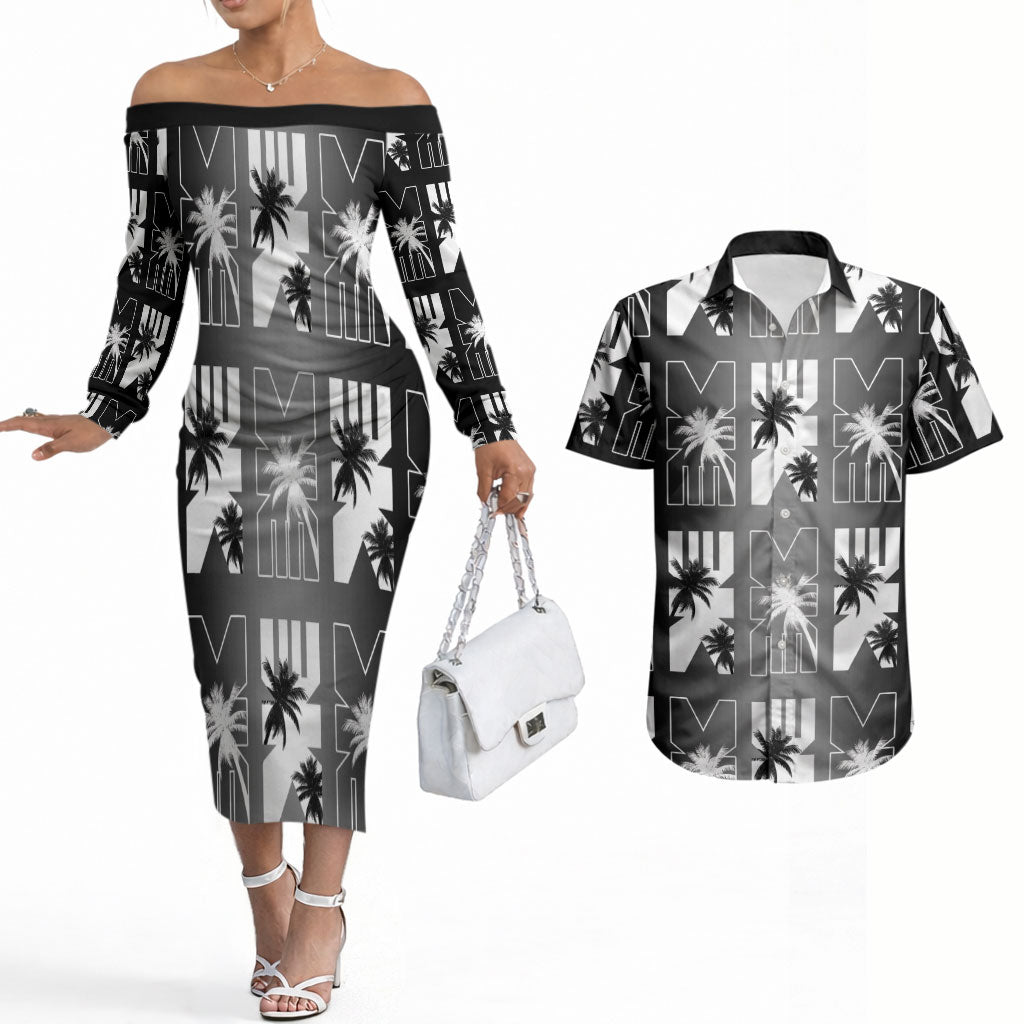 Bula Fiji Couples Matching Off The Shoulder Long Sleeve Dress and Hawaiian Shirt Black Makare Masi Tapa Pattern
