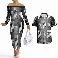 Bula Fiji Couples Matching Off The Shoulder Long Sleeve Dress and Hawaiian Shirt Black Makare Masi Tapa Pattern