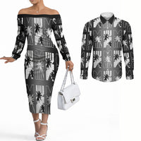 Bula Fiji Couples Matching Off The Shoulder Long Sleeve Dress and Long Sleeve Button Shirt Black Makare Masi Tapa Pattern