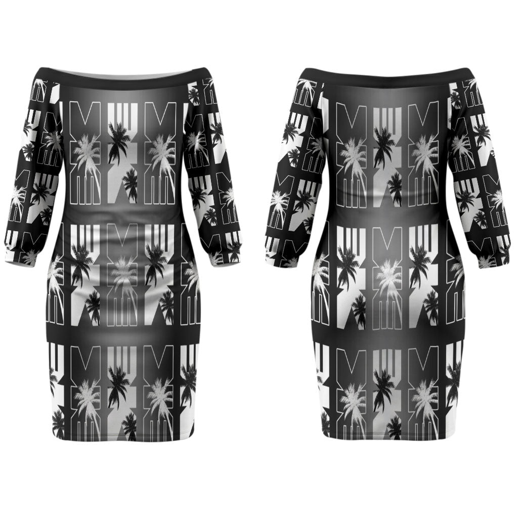 Bula Fiji Couples Matching Off The Shoulder Long Sleeve Dress and Long Sleeve Button Shirt Black Makare Masi Tapa Pattern
