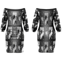 Bula Fiji Couples Matching Off The Shoulder Long Sleeve Dress and Long Sleeve Button Shirt Black Makare Masi Tapa Pattern