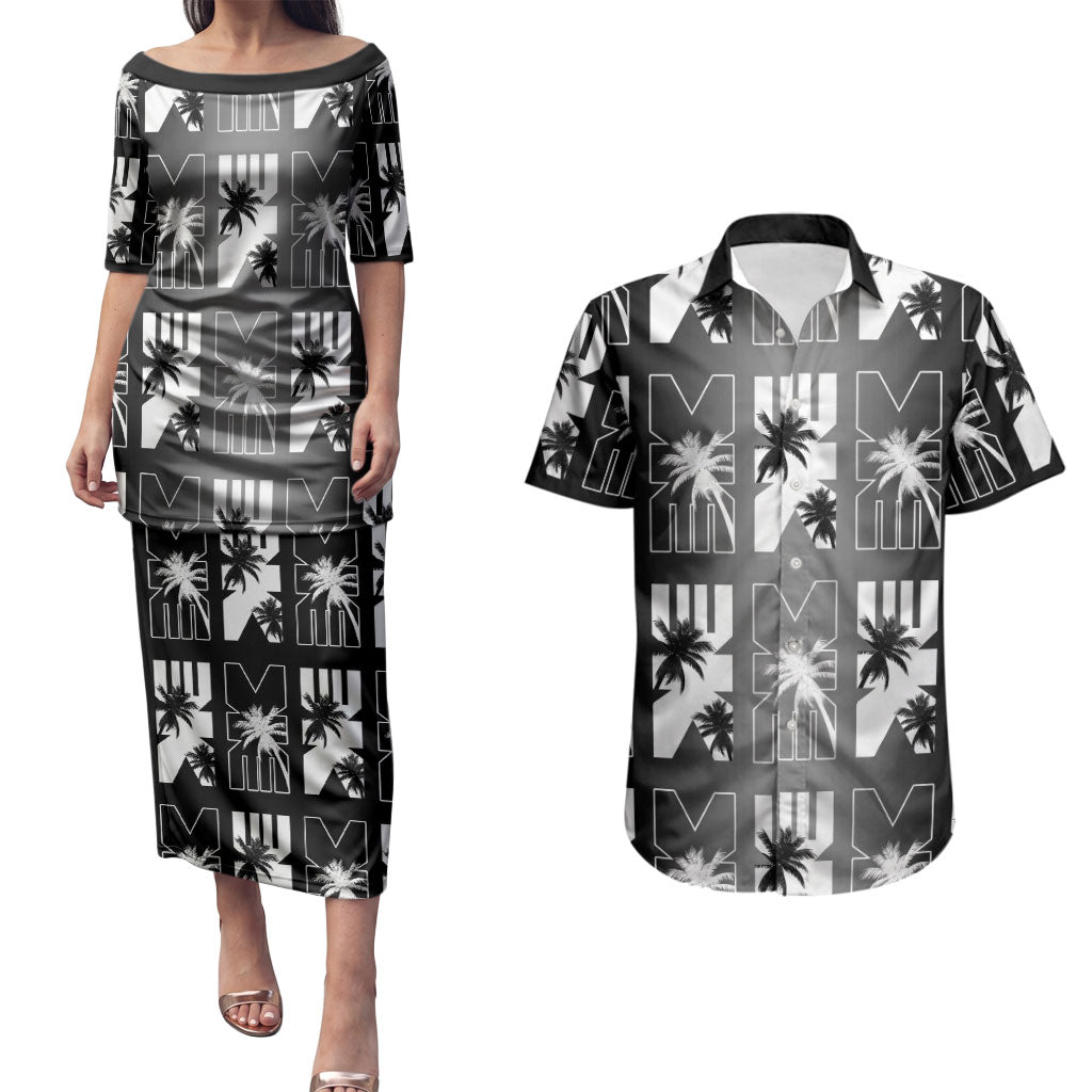 Bula Fiji Couples Matching Puletasi and Hawaiian Shirt Black Makare Masi Tapa Pattern