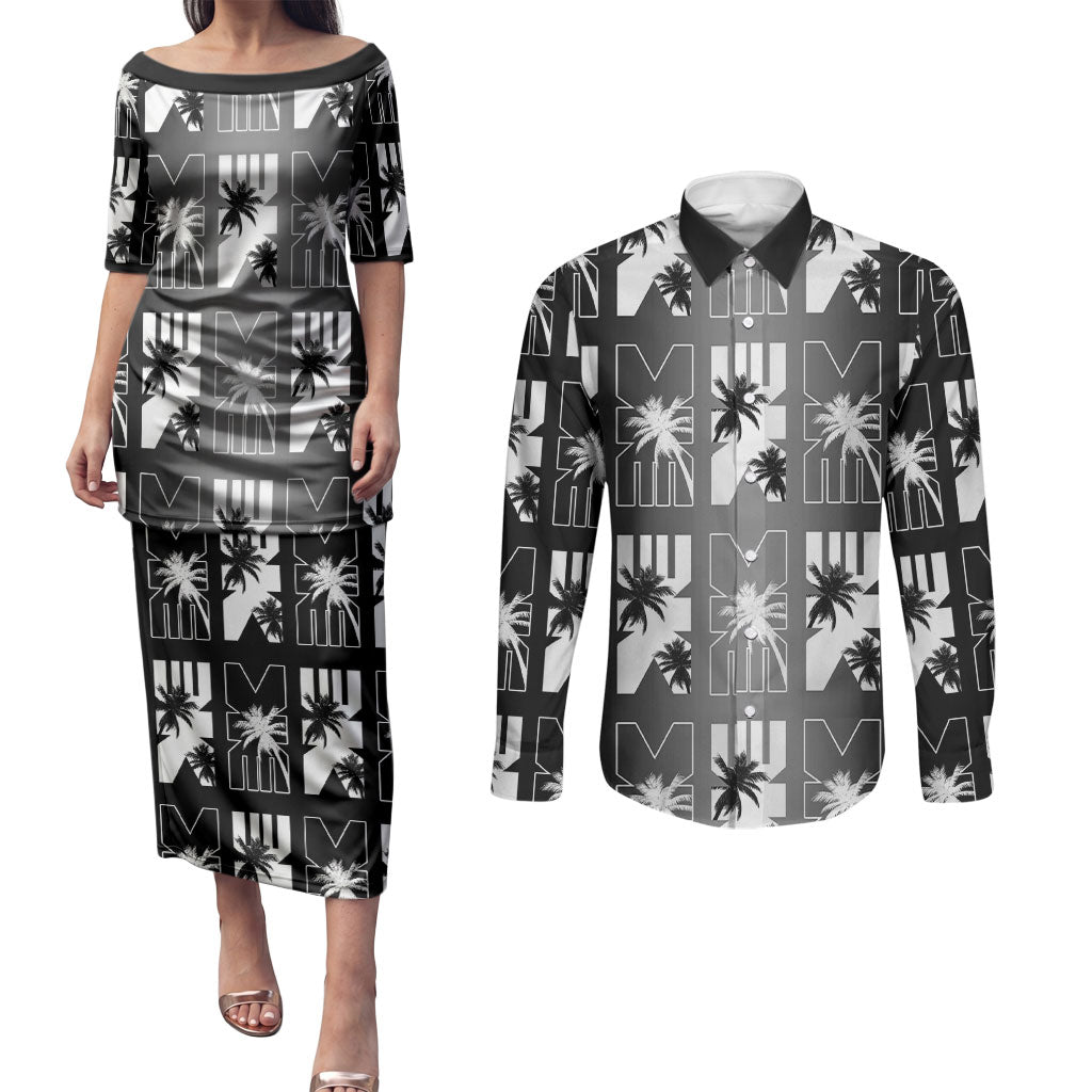 Bula Fiji Couples Matching Puletasi and Long Sleeve Button Shirt Black Makare Masi Tapa Pattern
