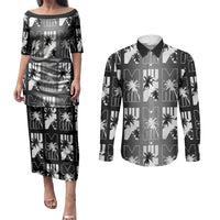 Bula Fiji Couples Matching Puletasi and Long Sleeve Button Shirt Black Makare Masi Tapa Pattern