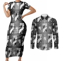 Bula Fiji Couples Matching Short Sleeve Bodycon Dress and Long Sleeve Button Shirt Black Makare Masi Tapa Pattern