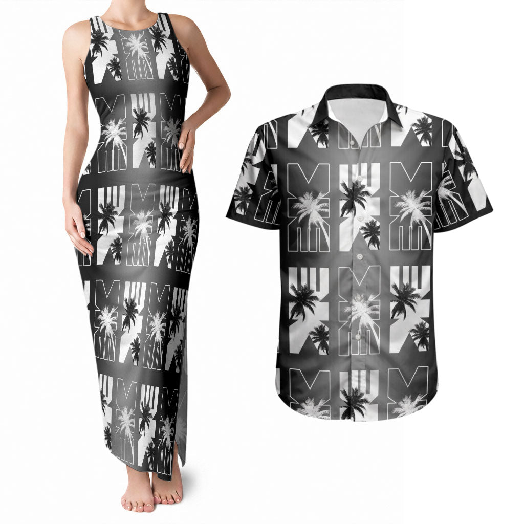 Bula Fiji Couples Matching Tank Maxi Dress and Hawaiian Shirt Black Makare Masi Tapa Pattern