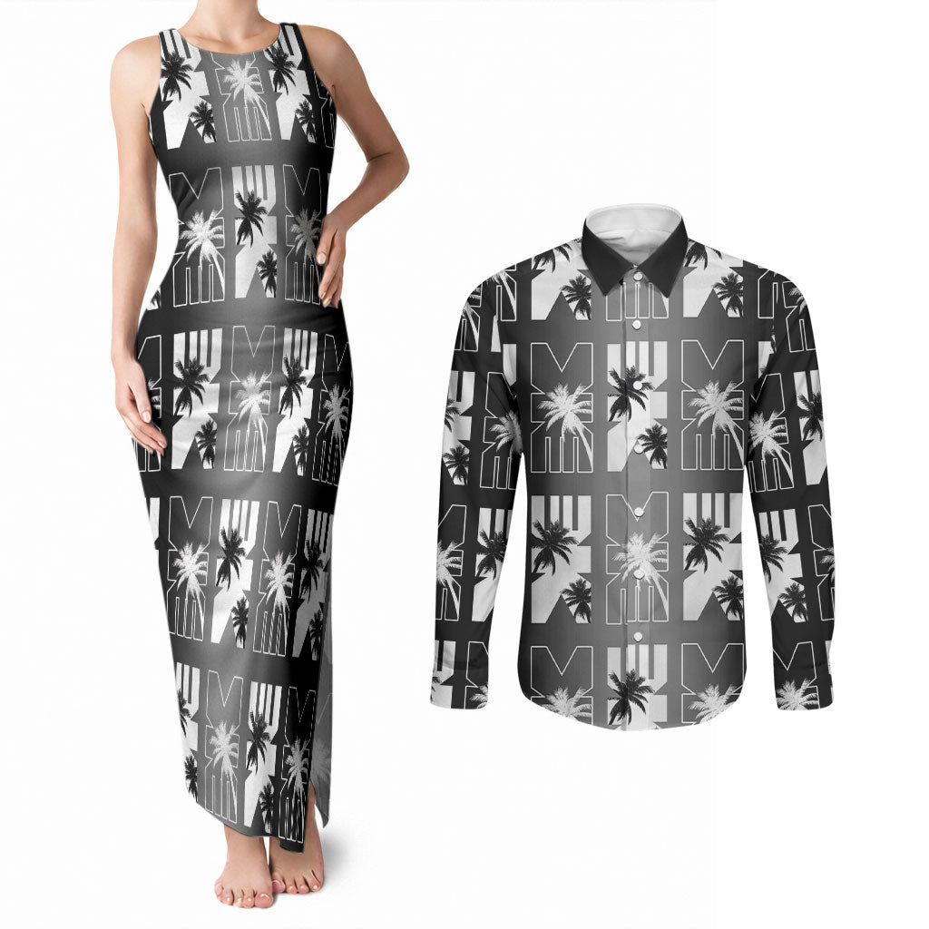Bula Fiji Couples Matching Tank Maxi Dress and Long Sleeve Button Shirt Black Makare Masi Tapa Pattern
