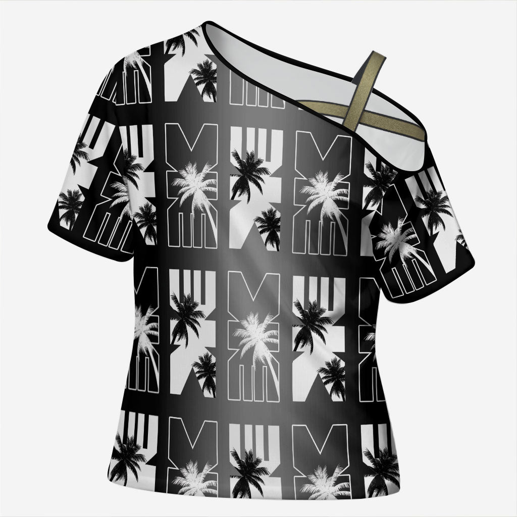 Bula Fiji Cross Shoulder Shirt Black Makare Masi Tapa Pattern