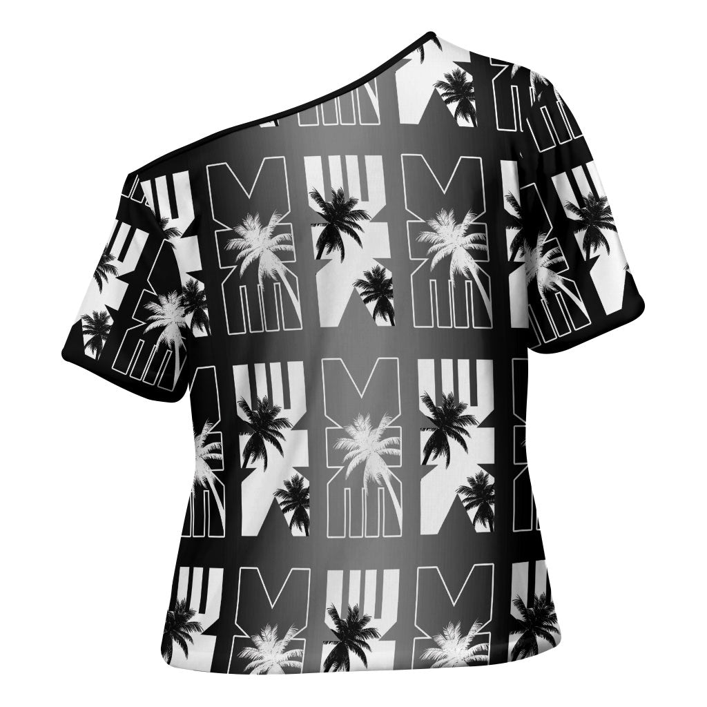 Bula Fiji Cross Shoulder Shirt Black Makare Masi Tapa Pattern