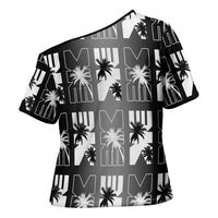 Bula Fiji Cross Shoulder Shirt Black Makare Masi Tapa Pattern