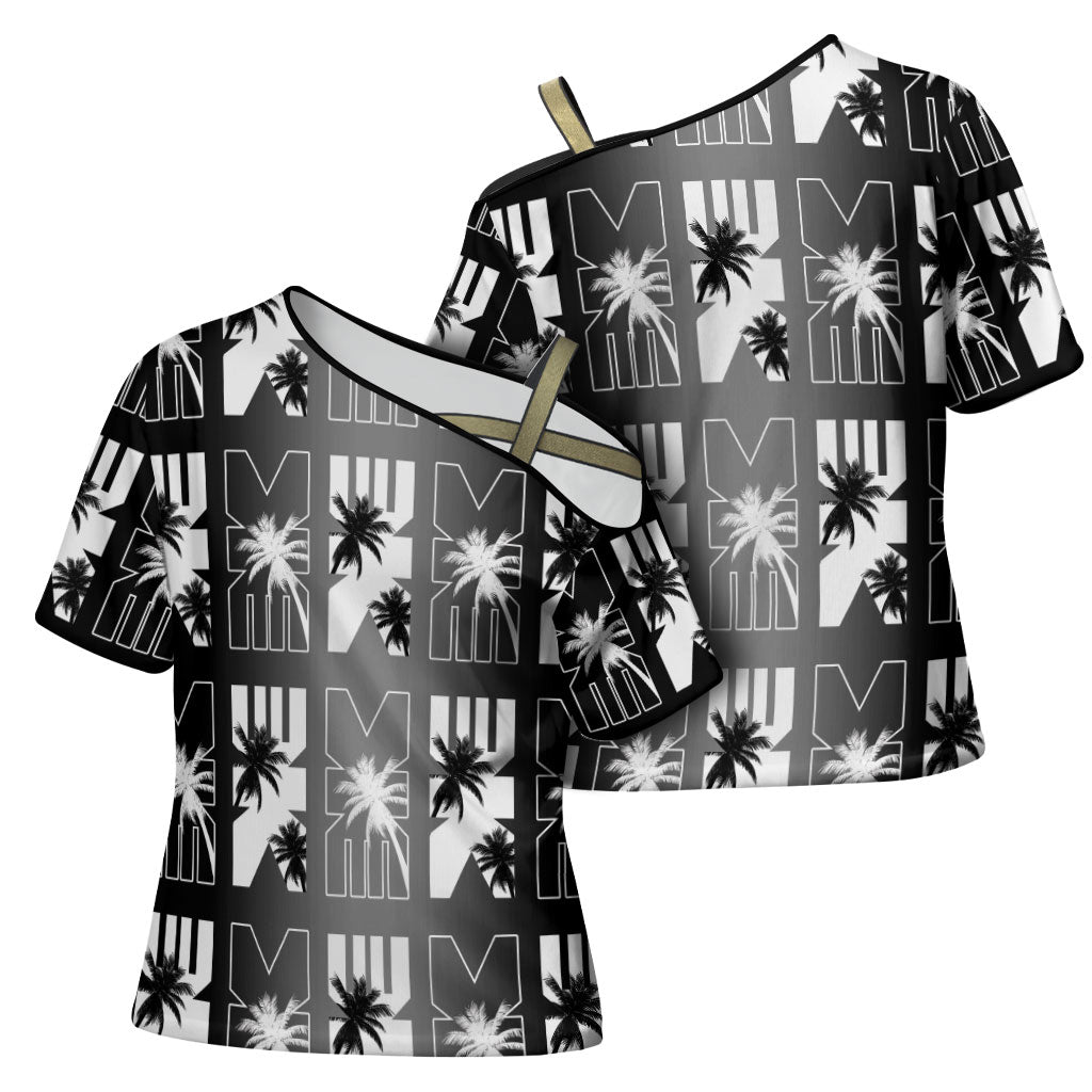 Bula Fiji Cross Shoulder Shirt Black Makare Masi Tapa Pattern